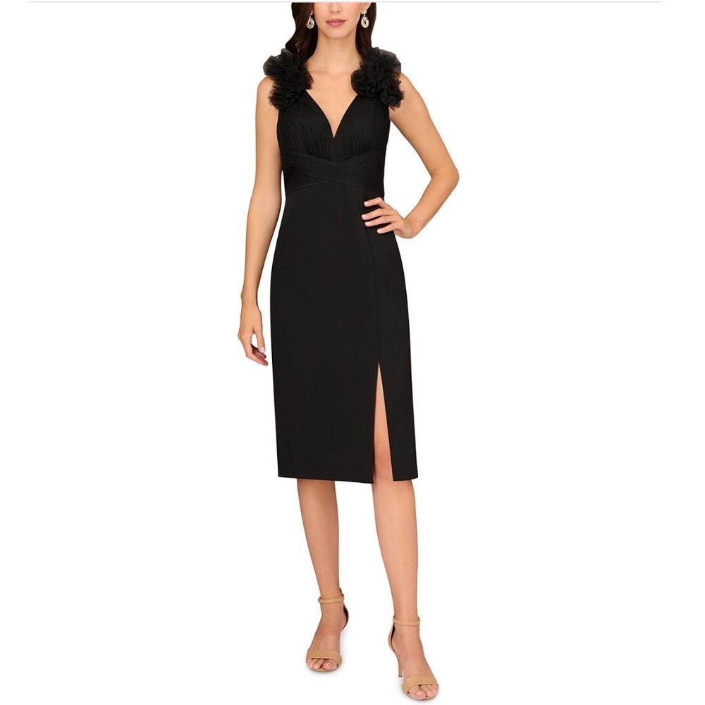 Aidan Mattox Sleeveless Ruffled V Neck Black Midi Dress Size 16‎